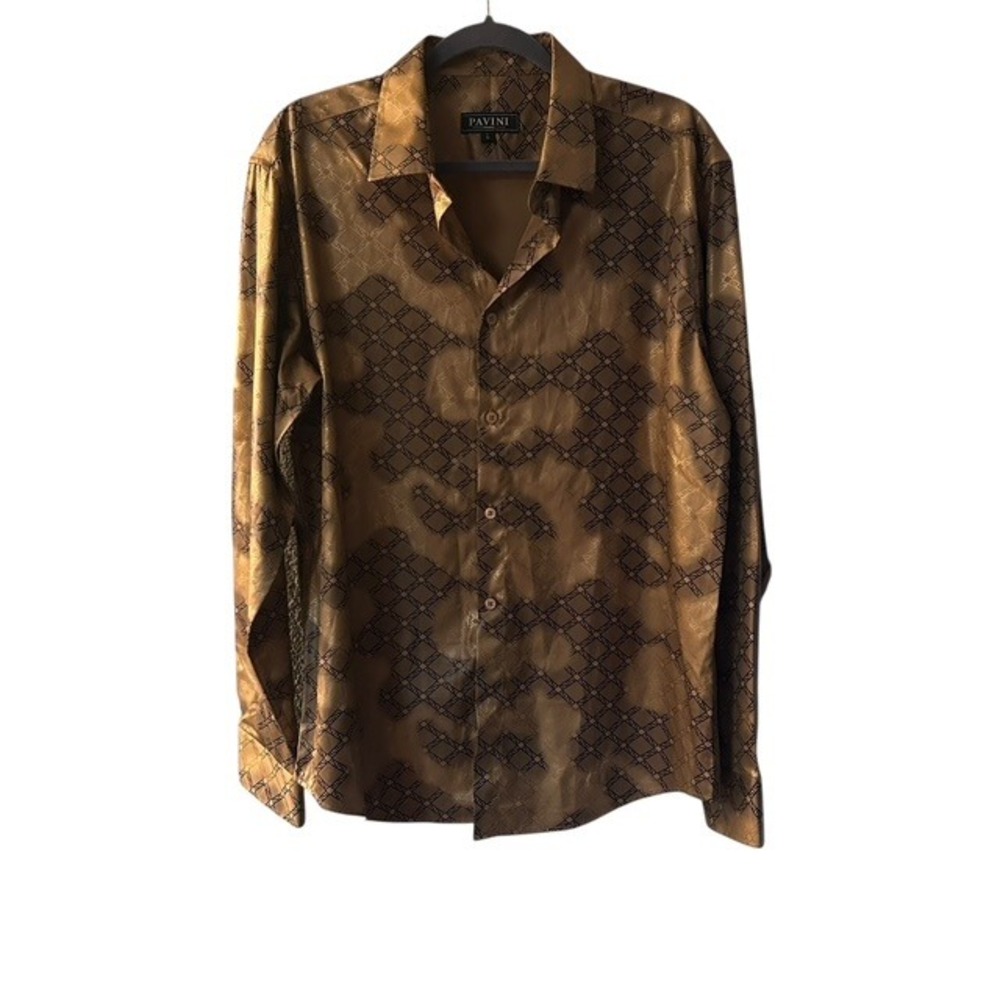 Pavini Men's Dress Shirt Gold Black Geometric Pattern Size Large